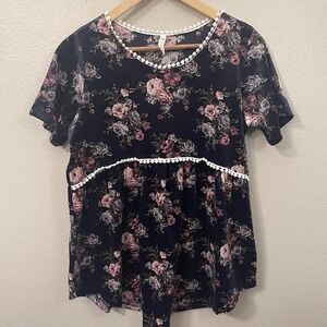 MTS Dark Romantic Floral Velvet Top Pom Pom Trim Whimsygoth Cottage Sz M